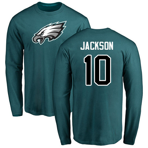 Men Philadelphia Eagles #10 DeSean Jackson Green Name and Number Logo Long Sleeve NFL T Shirt->nfl t-shirts->Sports Accessory
